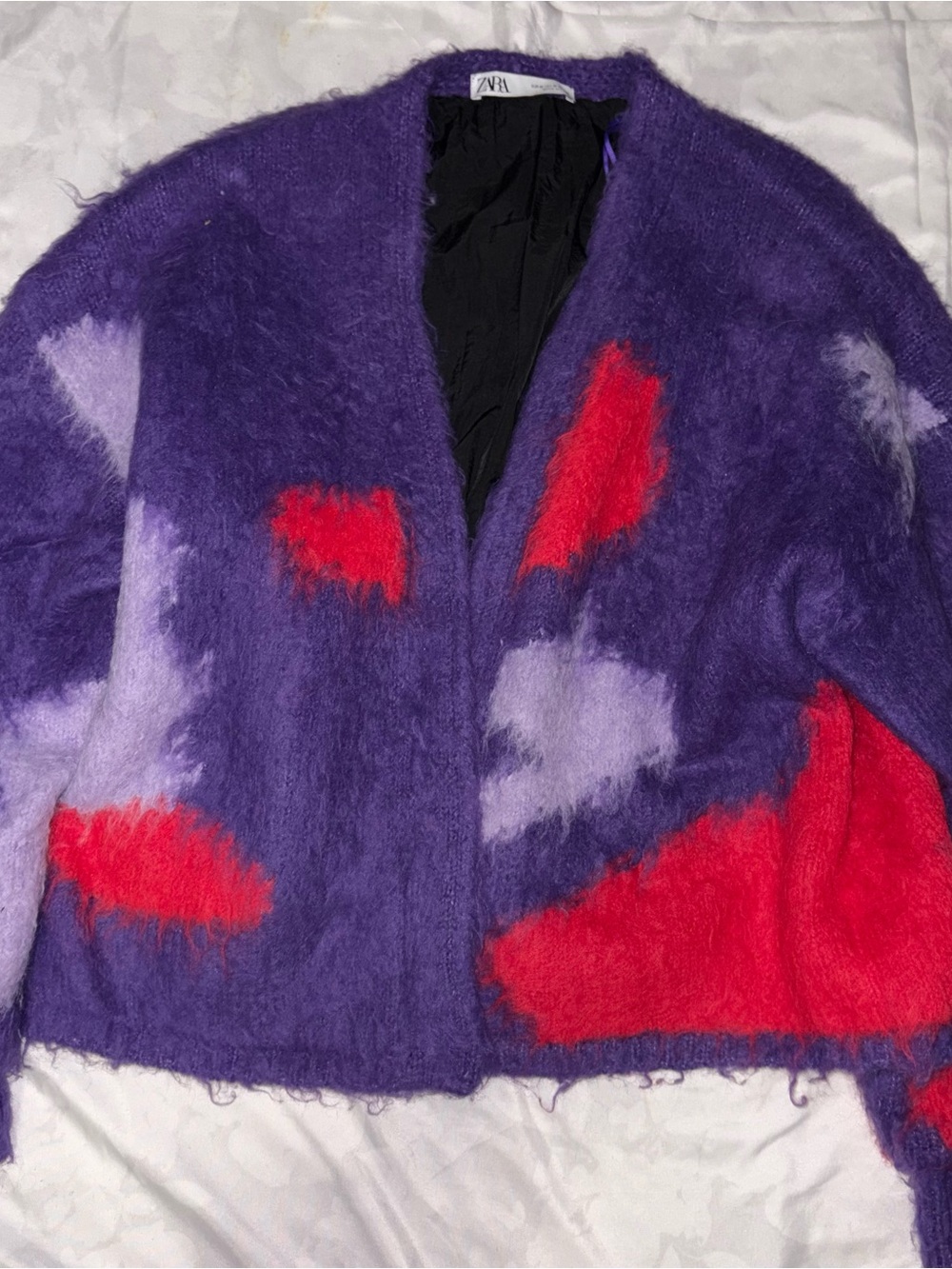 Zara Purple Fuzzy Jacket with Red and Lilac Patches